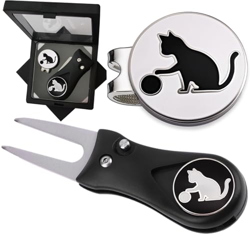 Adhere Golf Ball Markers Personlized Double Side Cute cat Logo Enamel with A Magnetic Hat Clips,A Premium Golf Gifts. - color: A-Ball Markers & Divot Tool Gift Set