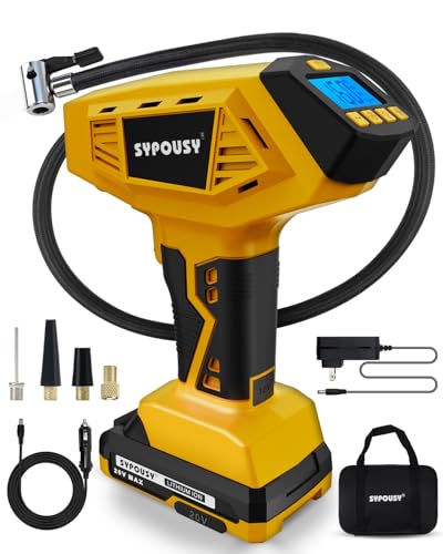 Tire Inflator Portable Air Compressor - 4X Faster Inflation, 160PSI Cordless Tire Pump with Dual Power (20V Battery & 12V DC), Auto Shut Off, Digital Gauge for Car, Motorcycle, E-Bike - color: Yellow