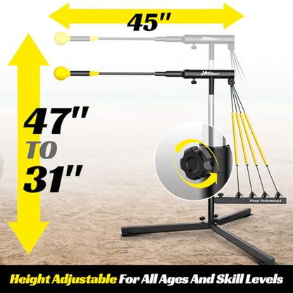 Baseball Hitting Trainer with 4 Power Bands,Auto Reset Softball Swing Trainer For Batting,Hitting Practice,Height Adjustable 31-47 inch Baseball Training Equipment With Metal Stakes & Carry Bag