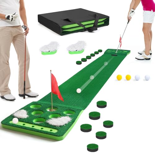 Golf Putting Game Set, Detachable Golf Putting Green Mat with 4 Balls, 2 Cups & Flags, 1 Portable Bag for Indoor & Outdoor Party Game Use - color: Green