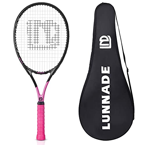Adults Tennis Racket 27 Inch, Shockproof Carbon Fiber Tennis Racquet Light-Weight, Pre-Strung and Regrip, Suitable for Beginners to Intermediate Players - color: Black+Pink