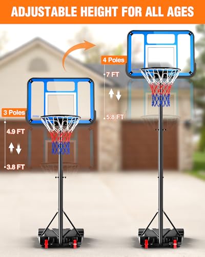 SPOYNAL Basketball Hoop Outdoor & Indoor, 3.8FT-7FT Adjustable Portable Basketball Hoops & Goals with LED, PC Backboard for Driveway, Garage, Pool Court, Pool Basketball Hoop