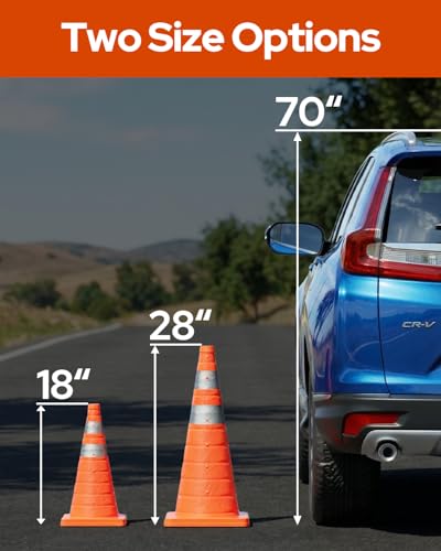 2 Pack 28 Inch Collapsible Traffic Safety Cones, Orange Pop Up Cones with Reflective Collar, Multi Purpose Road Cones for Road Safety, Parking Lot, Driving and Sport Training - size: 28 Inch