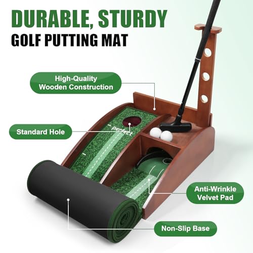 Golf Putting Green Indoor Putting Mat with Auto Ball Return, Solid Wood Base and Crystal Velvet Mat, Ideal for Home, Office, Golf Practice, and Outdoor Use (No Batteries Included)