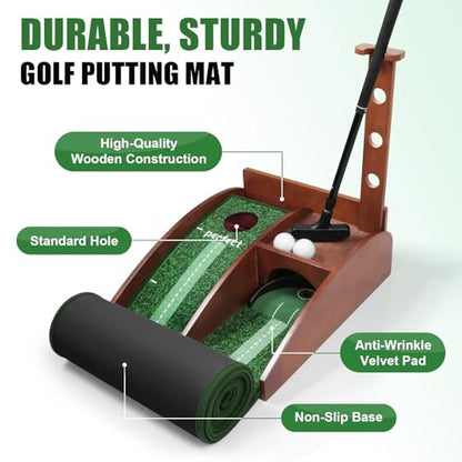 Golf Putting Green Indoor Putting Mat with Auto Ball Return, Solid Wood Base and Crystal Velvet Mat, Ideal for Home, Office, Golf Practice, and Outdoor Use (No Batteries Included)