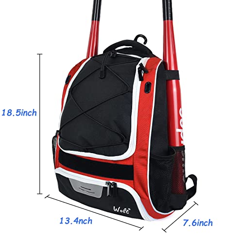 WOLT Youth Baseball Bag - Bat Backpack for Baseball, T-Ball & Softball Equipment & Gear, Bat & Glove Holder, Large Main Compartment for Helmet & accessories, Separate Shoes Compartment, Fence Hook - color: Red