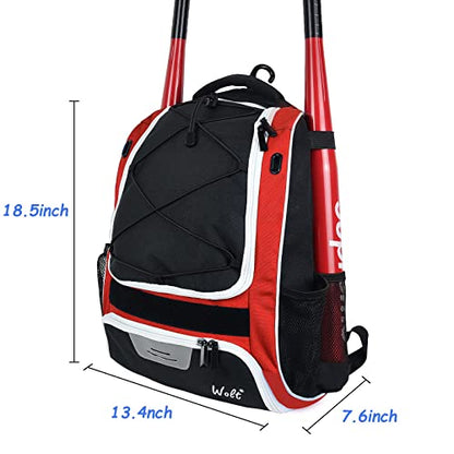 WOLT Youth Baseball Bag - Bat Backpack for Baseball, T-Ball & Softball Equipment & Gear, Bat & Glove Holder, Large Main Compartment for Helmet & accessories, Separate Shoes Compartment, Fence Hook - color: Red
