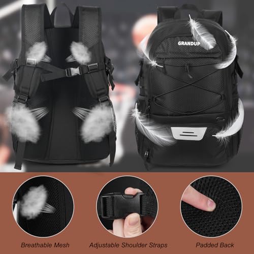 GRANDUP Basketball backpack with ball and shoes compartment Fit Volleyball, soccer, Swim, Gym, Travel, and School, large capacity sports training equipment bags - color: Balck Honeycomb