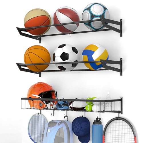 Ball Metal Holder Wall Mount Sports Organizer with 3Tier Shelf Garage Basketball Rack for Balls, Multi-Purpose Wall Ball Storage, Racks for Garage, Equipment Organizer with 6 Hooks, Metal Black（black）