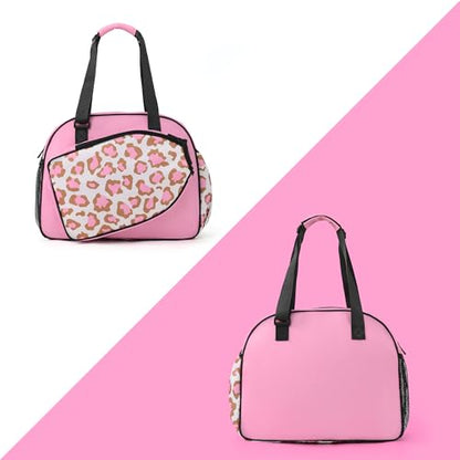 Boulder Bee Pickleball Bags, Premium Pickleball Tote Bag for Girls, Women’s Hand/Shoulder Gym Bag w Water Bottle Holder, with Pickleball Racquet/Paddle Holder - color: Leopard print-pink