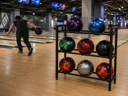 Bowling Ball Rack, Heavy Duty Bowling Ball Stand, Metal Storage Organizer Holds 9 Balls for Home, Garage, Game Room or League Equipment