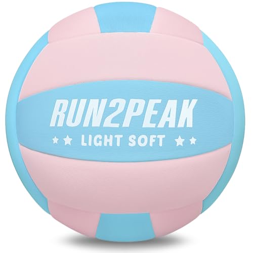 RUN2PEAK Super Soft Light Volleyball - Safe and Quiet Fabric Volleyball Ball for Indoor Play - Official Size 5 Kids Youth Beginners Lightweight Volleyballs Trainer for House Yard Training Practice - color: Pastel Blue/Pastel Pink