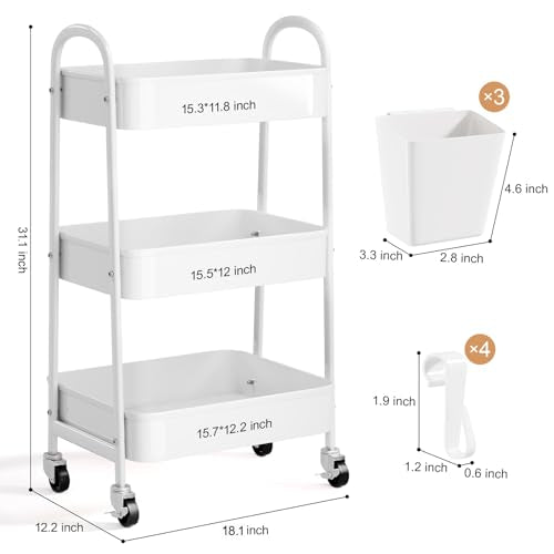 3 Tier Heavy Duty White Metal Rolling Cart with Lockable Wheels, Three Tier Roller Book Snack Cart, Utility Storage Organizer Carts for Kitchen, Bathroom, Garage, Baby Diaper, Craft, Art, Teacher