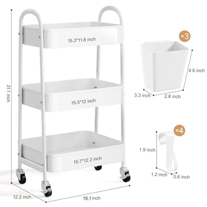 3 Tier Heavy Duty White Metal Rolling Cart with Lockable Wheels, Three Tier Roller Book Snack Cart, Utility Storage Organizer Carts for Kitchen, Bathroom, Garage, Baby Diaper, Craft, Art, Teacher