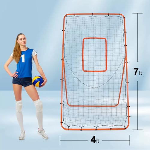 Volleyball Rebounder Net - 4x7ft with 5 Adjustable Angle for Throwing and Pitching Practice,Baseball, Softball and Lacrosse Including a Pair of Wrist Guards