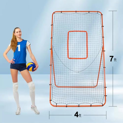 Volleyball Rebounder Net - 4x7ft with 5 Adjustable Angle for Throwing and Pitching Practice,Baseball, Softball and Lacrosse Including a Pair of Wrist Guards