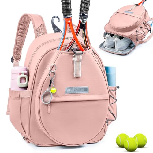 Tennis Backpack with 2 Rackets Holder, Water-Resistant PU Leather Tennis Racket Bag for Women & Men, Sling Crossbody Sports Backpack for Tennis, Pickleball & Badminton, Tennis Gifts - color: Pink, size: Large with Shoe Compartment