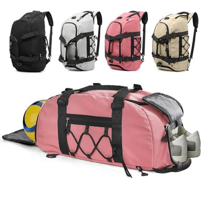 30L Gym Bag Backpack for Women, Convertible Sports Duffel Bag Backpack with Ball Storage & Shoe Compartment for Basketball Volleyball Soccer, Weekender Bags with Wet Pocket, Pink