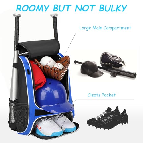 LARIPOP Youth Baseball Bag, Bat Backpack with Fence Hook & Separate Shoe Compartment, Waterproof Equipment Bag for Baseball, T-Ball & Softball - color: Blue White