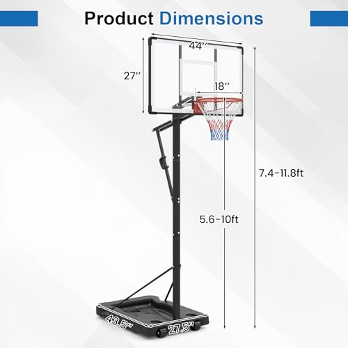 GYMAX Basketball Hoop, 5.6-10 Ft Adjustable Basketball Goal with 44 Inch Shatterproof Backboard, Fillable Base, Wheels for Teens, Adults, Outdoor, Backyard, Driveway