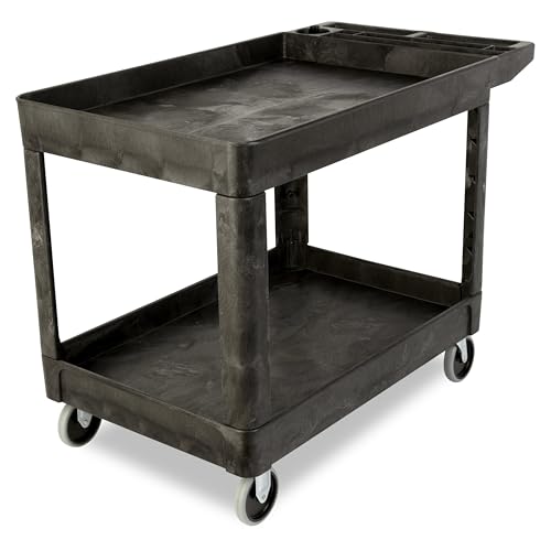 Rubbermaid Commercial Products 2-Shelf Utility/Service Cart, Medium, Black, Lipped Shelves, Ergonomic Handle, 500 lbs. Capacity, for Warehouse/Garage/Cleaning/Manufacturing - size: Medium