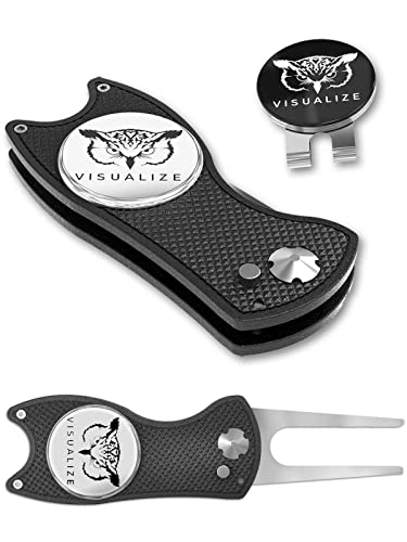 VISUALIZE Elite Switchblade Golf Divot Repair Tool Set with Ball Marker - Sturdy Anodized Aluminum - Perfect Golf Accessory Gift - color: Black-White