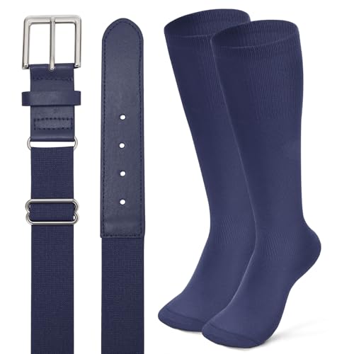 XZQTIVE Baseball Softball Socks and Baseball Softball Belt Combo Set Knee-High Soccer Socks for Kids Youth Adult - color: Navy, size: Kid