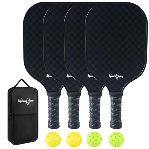 Pickleball Paddles Set of 4, Fibreglass Pickle-Ball Equipment with 4 Pickleballs, 4 Rackets and Bag, Meets USAPA Standards, 13MM Polypropylene Honeycomb Core Rackets for Men, Women, Kids