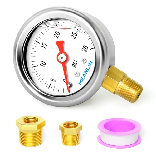 0~30Psi Stainless Steel 1/8" NPT 1.5" FACE DIAL, Glycerin Filled Pressure Gauge, Liquid Filled, Water Oil Air, Lower Mount, with 1/4" NPT and 3/8" NPT Hex Bushing - size: 0-30Psi