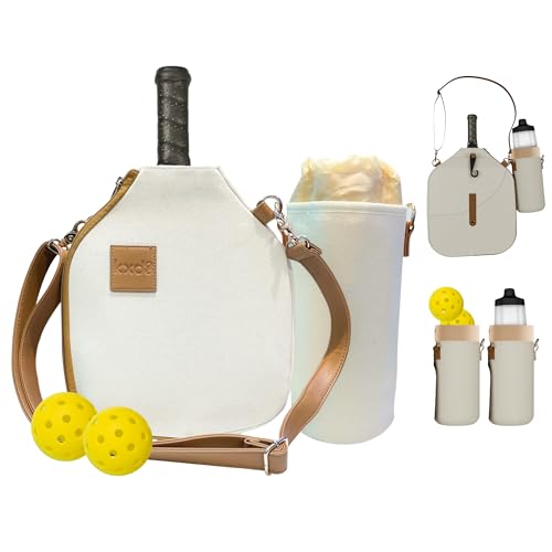 Pickleball Paddle Cover Crossbody bag with Adjustable Strap, Waterbottle holder, Ball Holder, Gifts for Women Men - color: Beige