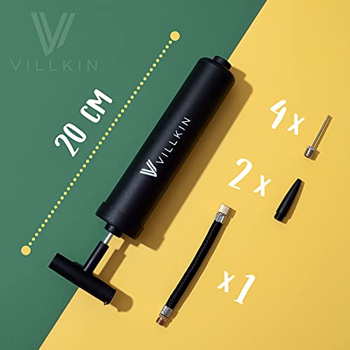 Villkin Ball Pump with Needle Storage in Handle - 4 Metal Needles, 2 Plastic Nozzles, Flexible Hose - for Soccer, Basketball, Volleyball, Handball - Black