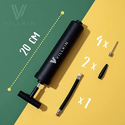 Villkin Ball Pump with Needle Storage in Handle - 4 Metal Needles, 2 Plastic Nozzles, Flexible Hose - for Soccer, Basketball, Volleyball, Handball - Black