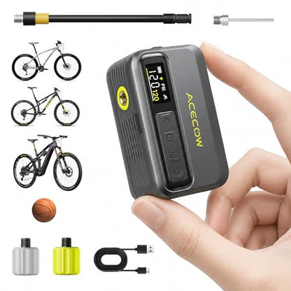 Mini Electric Bike Pump with Gauge,Portable 120PSI Bicycle Tire Inflator with Fast Inflation, Rechargeable Air Pump for Road, MTB, E-Bikes,Includes Ball Needle,Bike Accessories for Men