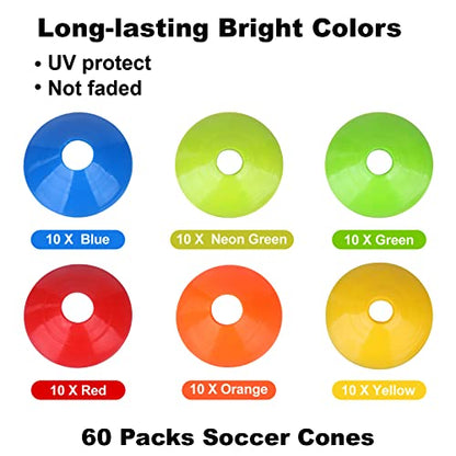 60-Pack Soccer Cones - Agility Flat Disc Cones with Carry Bag & Strap - Small Training Field Markers for Football Basketball Lacrosse - Indoor/Outdoor Sport Drills