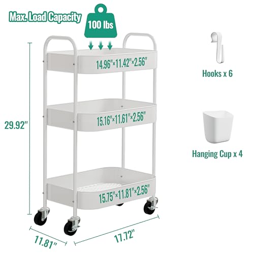 3-Tier Metal Rolling Cart with Wheels, Storage Utility Organizer Cart for Kitchen, Bathroom, Office, Baby Essentials & Makeup - Lockable Casters, Easy Assembly, Large Capacity, White