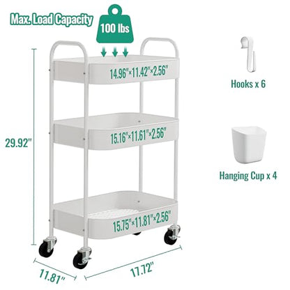 3-Tier Metal Rolling Cart with Wheels, Storage Utility Organizer Cart for Kitchen, Bathroom, Office, Baby Essentials & Makeup - Lockable Casters, Easy Assembly, Large Capacity, White