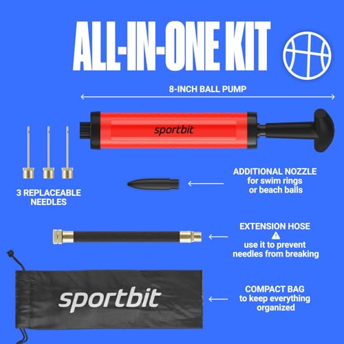 SPORTBIT Ball Pump for Sports Balls - Push & Pull Inflating System - Hand Pump for All Exercise Balls - Volleyball Pump, Basketball Inflator, Football & Soccer Ball Air Pump