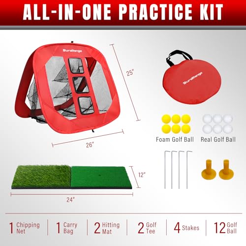 DURARANGE Pop-Up Golf Chipping Net - Ultimate Target Training Chip Aids for Precision & Distance, Outdoor | Indoor Practice, Golfer Gift - color: 1 Red Net+ 2 Mats+ 12 Balls Combo