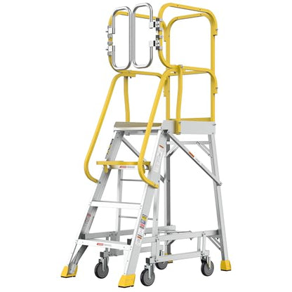 4 Step Ladder Aluminum Rolling Platform Ladders with 360° Guardrail System, Industrial Safety Non-Slip Rolling Ladder with Wheels for Warehouse, Garage, 375 lbs Capacity - size: 4 Step
