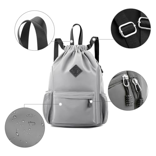 Valleycomfy Waterproof Drawstring Gym Backpack Bag for Men & Women,Sports Gym Bag with Side Pocket Grey - color: A-grey