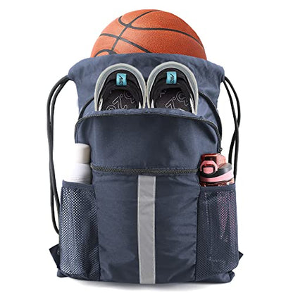 BeeGreen Drawstring Backpack Bag with Shoe Compartment, X-Large Black Gym Sports String Cinch Backpack - color: Navy