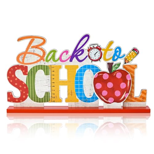 Smile Back to School Wooden Table Decor Colorful Letter & Polka Dot Apple Desktop Signs - Classroom & Home Office Tabletop Decorations Gift for Students, Teachers - style: Letter School