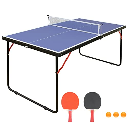 Table Tennis Table, 4.5ft Portable Ping Pong Table Game Set, Mid-Size Foldable Table Tennis Game Set with Net, 2 Table Tennis Paddles and 3 Balls for Adults/Teens, Family Game Tables for Indoor