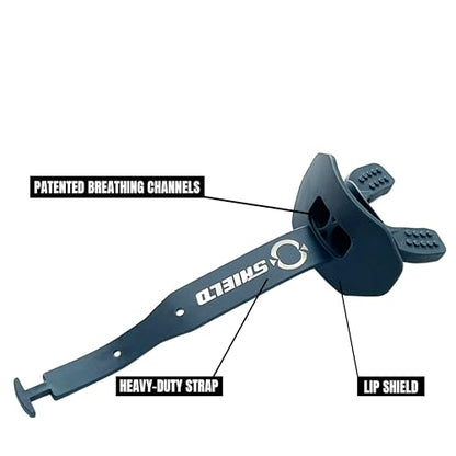 O Shield Striker Football Mouth Guard with Connected Strap, No Boil Brace Friendly Lip Guard for Tackle Football, Youth and Adult - color: Navy Blue