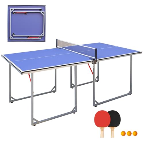 6ft Mid-Size Foldable Ping Pong Table Set, Portable Table Tennis with Net, 2 Paddles, 3 Balls, 12MM MDF for Indoor Outdoor Home Office Apartment - color: Blue Tabletop + Silver Legs