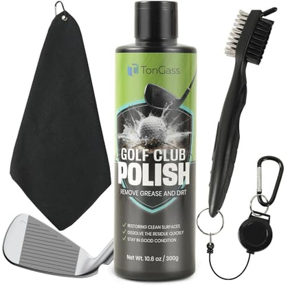 TonGass 3-in-1 Golf Club Cleaning Kit (300g Golf Polish+Cleaner Brush with Groove Sharpener+Cleaning Cloth) Golfs Club Cleaner Set with Retractable Hook Brush & Hookable Towel Complete Accessory Kit