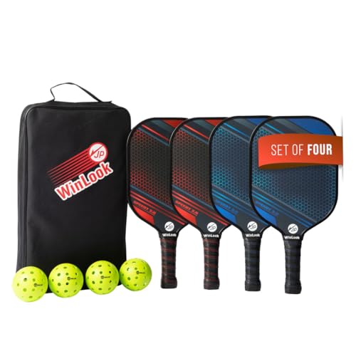 JP WinLook Premium Pickleball Paddles Set – USAPA Pickleball Set - Graphite Carbon Fiber Rackets for Women & Men and Balls for Indoor or Outdoor Play - Racquets, Pickleballs & Carry Bag - color: USAPA Graphite Red/Blue- 4 Player Set