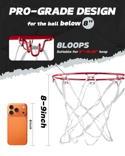 Mini Basketball Net Replacement 8 Loops, 2 Pack — Heavy-Duty 12" Nylon, Fits 8"-10.25" Hoops for Indoor Door & Outdoor Play