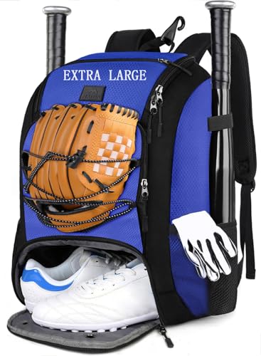 MATEIN Baseball Backpack, Softball Bat Bag with Shoes Compartment for Youth, Boys and Adult, Lightweight Baseball Bag with Fence Hook Hold TBall Bat, Batting Mitten, Helmet, Caps, Teeball Gear - color: Blue, size: 47L