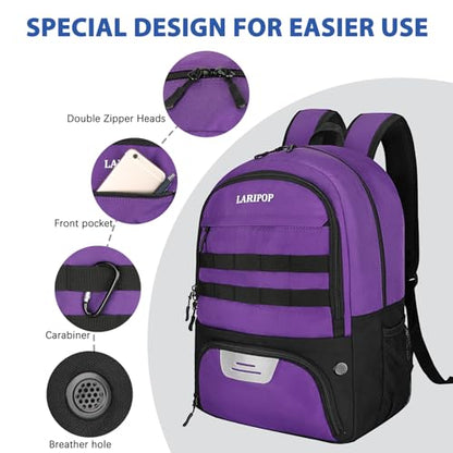 LARIPOP Soccer Backpack with Ball Holder & Shoe Compartment Large Capacity Youth Sports Bag for Training - color: purple